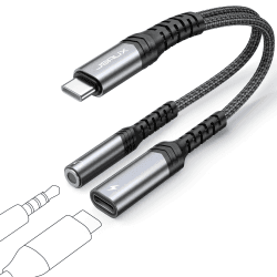 JSAUX USB C Kopfhörer Adapter und Laden, 2 in 1 Typ C auf 3.5mm Klinke AUX Adapter Unterstützt PD 60W Schnellladung Kompatibel mit iPhone 16 Pro Max/15 Pro Max, Samsung S24/S23 Ultra, iPad Pro, Pixel 2 in 1 Grau