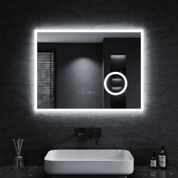SONNI Badezimmerspiegel mit Beleuchtung 80x60 cm 3 einstellbare Lichtfarbe, Anti-Beschlag LED Badspiegel Lichtspiegel Wandspiegel mit Touchschalter, Uhr, Temperatur, 3-Fach Vergrößerung 60L x 80B cm