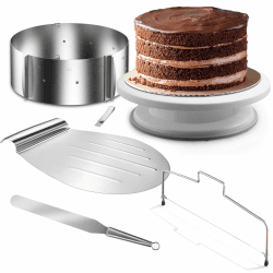 4smile Torten-Zubehör-Set 5 Teile - Tortenring verstellbar hoch 8,5 cm + Tortenschneider + Tortenheber + Tortenplatte drehbar + Streichpalette - Praktisches Backzubehör-Set Tortenring 8.5cm 5 Teile - Set Edelstahl
