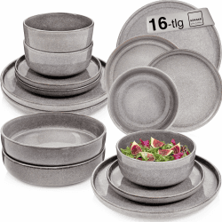 SÄNGER Kairo Mondgrau | Tafelservice 16 teilig, Steingut Geschirr Set 4 Personen, 4x Speiseteller 4x Dessertteller 4x Schalen 4x Pastaschalen Geschirrset & Schale Dunkelgrau, Teller VALUE COLLECTION Kairo Mondgrau Tafelservice 16 tlg.