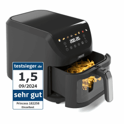 Princess SlimFry Heißluftfritteuse 8 L, platzsparend, fettfreie Kochtechnologie, 8 Programme, Sichtfenster, leistungsstark (2000 W) und leiser Betrieb (55 db), Schwarz, Airfryer 01.182258.01.001 Bunte Symbole 8L