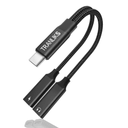 TRANLIKS USB C Splitter, USB C Doppelstecker Adapter Kopfhörer und Laden Verteiler mit PD 60W Schnellladung Aux Audio Kabel für Samsung/15/15 Pro/15 Plus/15 Pro Max - Schwarz