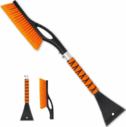 PLACHIDAY 27'' Schneebürste - Abnehmbarer Eiskratzer für die Windschutzscheibe mit ergonomischem Schaumstoffgriff für die Schneeräumung, Aluminium-Schneeschieber und Bürste für Autos, LKWs, SUVs orange