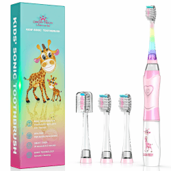 Elektrische Zahnbürste Kinder ab 3-6-8-12 Jahre mit buntem Regenbogen-LED-Licht Integrierter Timer 90% abgerundeten Borsten Schallzahnbürste für Kleinkind (Kind Rosa) Kind Rosa Giraffe 1 stück (1er Pack)