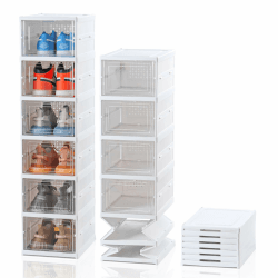 ELUCHANG Schuhboxen Stapelbar Transparent, Installationsfrei 6er Pack Schuhbox, Faltbar Schuhaufbewahrung mit Tür für Schrank Wand Turnschuhe Stöckelschuhe, bis Größe 45,weiß White1