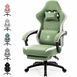Dowinx Gaming Stuhl Stoff mit Taschenfederkissen, Massage Gaming Sessel mit Fußstütze, Ergonomischer PC Stuhl Gamer Stuhl Bürostuhl 150 kg belastbarkeit, Grün Grün Weiß
