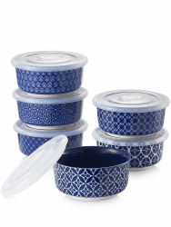 DOWAN Creme Brulee Schälchen mit Deckel, 6 X 120ml Porzellan Souffle Förmchen Backofenfest, Auflaufform für Leckere Würzfleisch, Microwellen-, Airfryer-, Spülmaschinenfest, Ø 9,0cm-Vintage Blau Vintage Blau 120 ML