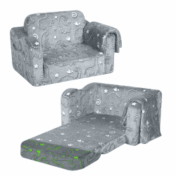 MeMoreCool Kindersofa Ausklappbar, 2-in-1 Kleinkinder Schlafsofa, Kindersessel mit Schlaffunktion, Mini Couch für Kuschelecke Kinderzimmer, Fancy Spielsofa für Mädchen und Jungen, Grau Dinosaurier