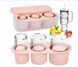 Stanley Cup Eiswürfelform Zubehör,Eiswürfelbehälter für 30Oz-40Oz Becher, 3 Stück Silikon-Hohlzylinder-Eisform mit Deckel und Behälter für Gefrierschrank, Eisgetränk, Saft, Whiskey, Cocktail Rosa