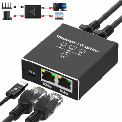 LAN Splitter 1 auf 3 Ethernet Splitter 1000 Mbps LAN Switch 3 Port mit Typ-C Netzkabel, Ethernet Switch LAN RJ45 Splitter für Computer, Switch, Router, Set-Top Box, ADSL, Digital TV, et FLQ03
