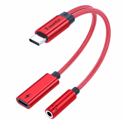 SOOMFON 2-in-1 USB C auf Klinke Adapter und Laden, Typ C 3,5mm Aux Kopfhörer Adapter mit DAC-Chip, PD 60W Schnellladung, für iPhone 15/15 Pro Max, Samsung S24/S23/S22, Huawei, Pixel usw. (Rot)