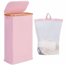 iEGrow Wäschekorb mit Deckel 75L, Wäschekorb Schmal mit herausnehmbarer und waschbarer Innentasche, Wäschesammler Bambus, faltbare Wäschekörbe für Waschküche, Schlafzimmer, Badezimmer (Rosa) 75L mit Deckel Rosa