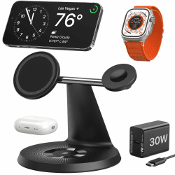 Induktive Ladestation Kompatibel mit Magsafe Ladegerät,QTlier 3 in 1 iPhone Ladestation für 16/15/14/13/12 Serie,30W Wireless Charger für Apple Watch 10/9/8/7/6/5/4/3/2/SE und AirPods 3/2/Pro(Schwarz)