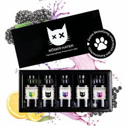 Böser Kater Farbwechsel Gin Tasting-Set | Hochwertige Geschenkbox | Perfekte Geschenkidee | 5 handgemachte Sorten je 100ml Gin | Gin-Tasting zuhause für bis zu 5 Personen 5er Farbwechsel Gin Tasting-Set