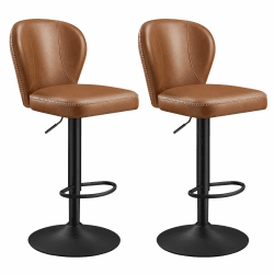 VASAGLE EKHO Kollektion - 360° drehbarer Barhocker, 2er Set, höhenverstellbarer Barstuhl mit Rückenlehne, Kunstleder, Nähte, Mid-Century-Modern-Stil, Küche, Hausbar, einfache Montage, karamellbraun 2 Karamellbraun