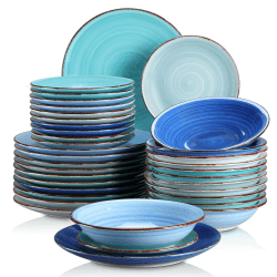 Tafelservice Steingut, vancasso BONITA 36-teiliges Kombiservice, Ess Geschirrset für 12 Personen, je 12 Speiseteller, Suppenteller und Dessertteller Blaue Serie Set of 36 Blaue Serie