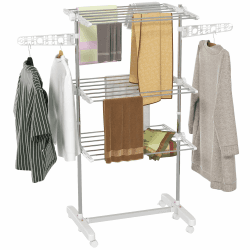 HOMCOM Wäschetrockner Turm Wäscheständer mit Rollen, 3 Ebenen, Klappbarer Standtrockner mit Seitenflügel, Wäscheturm für Indoor, Outdoor, Stahl Weiß 80/142 x 55 x 152 cm 142L x 55B x 152H cm Weiß