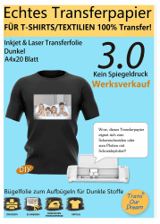 TransOurDream A4X20 Blatt+2 Silikonpapier, Echte Inkjet/Laser Transferfolie,Bügelfolie für Dunkle Textilien,T-Shirt Papier für dunkle T-Shirts, Textilienfolien,Transferpapier,T Shirt Folie Dunkel -A4-20 Blatt