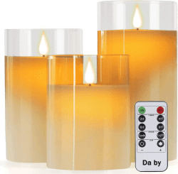 Da by LED Kerzen mit Glaseffekt 10cm/12,5cm/15cm LED-Kerze Echtwachssäule 10 Fernbedienung mit realistisch tanzender LED-Flamme und Timing-Funktion in einer Packung mit 3 Stück BL#3