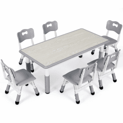 MAMIZO Kindertisch mit 6 Stühlen, Kindertischgruppe Höhenverstellbar, Kinder Tisch Stuhl Set für Kindergarten und Kinderzimmer, Plastik Kindermöbel, Sitzgruppe für Jungen Mädchen ab 2 Jahre, Grau 60 x 60 x 120 cm Grau