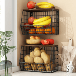 Mefirt Obstkorb Hängend 2 Etagere Obstkorb, Obstschale Hängekorb Küche, 2 Stück Küchen organizer Mit Holzdeckel Drahtkorb Stapelbar Wandmontierbar Zur Aufbewahrung Von Gemüse, Obst Und Snack Schwarz*2