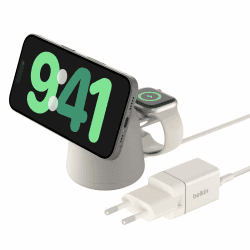 Belkin BoostCharge Pro kabellose 2-in-1-Ladestation mit MagSafe (15 W), MagSafe Ladegerät, kompatibel mit iPhone der Serien 16, 15, 14, 13, 12, AirPods und Anderen MagSafe-fähigen Geräten Sand