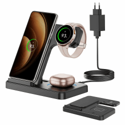 GEEKERA Induktive Ladestation für Samsung, 3 in 1 Faltbare Wireless Charger für Samsung S24/S23/S22/Ultra, Induktionsladegerät für Galaxy Watch 7/6/5/4/3, Kabelloses Ladegerät für Galaxy Buds-Schwarz 3 in 1 Faltbares-Samsung Schwarz