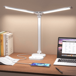 Aisutha Schreibtischlampe led,Double Arm Schreibtischlampe mit 5 Farben＆10 Helligkeitsstufen,Schreibtisch Lampe mit 45min Timer-Off,Touch-Steuerung Led Tischlampe für Studium (Weiß)