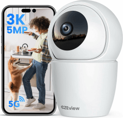 CZEview 3K 5MP Überwachungskamera Innen, 2,4/5Ghz Dual-Band WLAN Kamera Überwachung Innen, Hundekamera Haustierkamera mit APP, 360° Kamera Indoor, Zwei-Wege-Audio, Nachtsicht, AI Bewegungserkennung Weiß