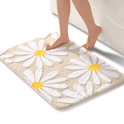 QJHOMO Beige Badezimmerteppich Niedliche Gänseblümchen Badematte rutschfest Waschbar Badteppich Weiße und Gelbe Blume Badvorleger Weiche Duschvorleger Absorbierende Badezimmer Teppich 60x90 cm 60 x 90 cm (Rechteckig) Beige