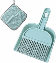 Meiosuns Mini Kehrschaufel und Besen Set, Multifunktionales Reinigungswerkzeug mit Handbesen, Kunststoff Kehrschaufel, Korallenvlies Geschirrtuch Blau