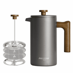 Poliviar French Press Kaffeebereiter 1 Liter/8 Tassen, Doppelwandige Isolierte Kaffeekanne und Teebereiter, Handfilter Kaffeepresse mit Plunger & Griff aus Holz, Cliff (Grau) JX2020-FPY-DE 1000ml Grau