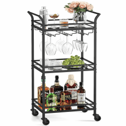 VASAGLE Servierwagen, 3 Ebenen, Rollwagen, mit Rollen, Griffen, verspiegelte Glasablagen, für kleine Räume, Küche, Esszimmer, Bar, schwarz LRC091B62