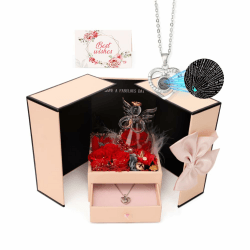 VOHESEA Konserviert Echte Rosen Set Konserviertes Rosen, Engel aus Glas mit 925 Sterling Silber Halskette Überraschung Box für Frauen Geschenk Hochzeitstag, Mama Geburtstag (Silver)