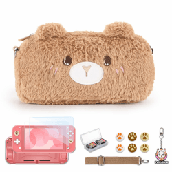 innoAura Switch Lite Tasche, 13 in 1 Switch Zubehör Bundle mit Niedlich Plüsch Switch Lite Tragetasche, Switch Lite Displayschutzfolie,Switch Game Case Aufbewahrung und Daumenkappen (Braun Bär) Switch Lite Tasche Braun Bär