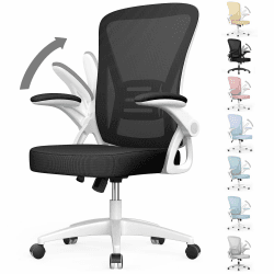 rattantree Bürostuhl mit Hochklappbaren Armlehnen, Ergonomischer Schreibtischstuhl mit Lendenwirbelstütze, Höhenverstellbar, Platzsparend, Drehstuhl für das Büro Schwarz + Weiß Ohne Kopfstütze