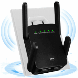 WLAN Verstärker 1200Mbit/s Dualband,WLAN Repeater 2.4GHz & 5.8GHz, WiFi Extender Booster mit WPS, WiFi Internet Verstärker mit externen 4 * 2dBi Dual-Band-Antennen bis zu 3000qm (Schwarz)