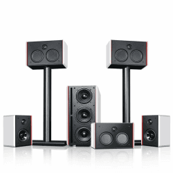 Teufel System 4 THX - 5.1 Heimkino Lautsprecher mit THX Compact Speaker Lizenz, Filmton und Musik-Wiedergabe auf THX-Niveau, 2-Wege-Dipole für Kino-Atmosphäre, Hochleistungs-Subwoofer - weiß Schwarz / Weiß