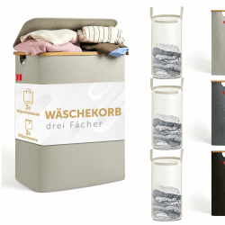 Blumtal Wäschekorb 3 Fächer 150L mit 3 herausnehmbaren Wäschesäcken, Wäschekorb beige, Wäschesammler 3 Fächer, Pfandflaschen Sammelbehälter, laundry basket, Wäschekorb mit Deckel, Wäschebox 150L Beige