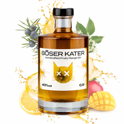 Böser Kater Fruity Mango Gin, Perfekt als Gin & Tonic Cocktail, Fruchtiger Mango-Geschmack, Ideal als Geschenk, Kleine Auflage, Handgemachter Katzen Gin, 0,5l 40% Vol. Fruity Mango Gin 0,5l Flasche