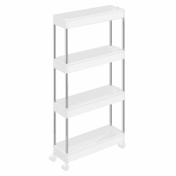 SONGMICS Rollwagen, Küchenwagen mit 4 Ebenen, Küchenregal, Nischenregal, mit 6 Haken, 360° drehbare Räder, Stahlgestell, Bad, Küche, Büro, weiß KSC08WT 4 Ebenen (14,4T cm) Weiß