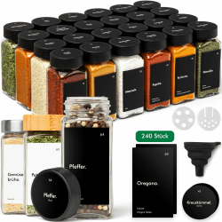 KIVY Gewürzgläser mit Streueinsatz [24x 120ml] + 240 Wasserfeste Label - Luftdichte Gewürzgläser eckig (Gewürzgläser Schwarz)