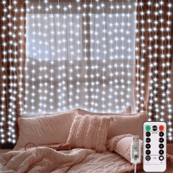 300LED lichtervorhang USB,3mx3m lichterketten Vorhang mit Fernbedienung Timer Wasserdichte LED Lichterkette mit Haken für Hochzeit Weihnachten Innen und außen Deko (Weiß)
