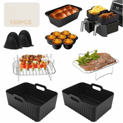 Heißluftfritteuse Zubehör - Airfryer Zubehör für Ninja Dual AF300EU AF400EU & die meisten 3,7 Qt – 4,2 Qt und Größere,8pcs mit Silikon Luftfritteuse-Einsatz und -Gestelle, Eierform usw Schwarz2