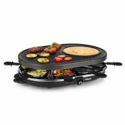 Tristar Raclette für bis zu acht Personen – Grillplatte mit Crêpe-Forme und 8 Pfännchen, RA-2996, Schwarz 8 Schwarz