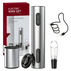 CIRCLE JOY 4-in-1 Elektrischer Korkenzieher, Wiederaufladbarer Edelstahl Weinflaschenöffner Set mit Folienschneider, Weinausgießer und Vakuumstopfen für Weinliebhaber 4-in-1 Elektrisches Korkenzieher - Silber