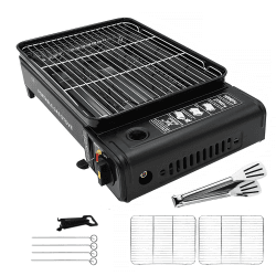 Yinleader tragbarer Gasgrill Gaskocher Campingkocher Gasbrenner mit Koffer mit 2 Grills Grill X2