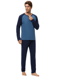 Sumeyuyu Herren Schlafanzug Lang Baumwolle Zweiteiliger Pyjama Set Langarm mit Tasche Winter Nachtwäsche Hausanzug S Blau-2