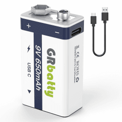 GRbatty Wiederaufladbare USB 9V Akku Lithium, 650mAh High Capacity 9 Volt Block Lithium Akku für Rauchmelder, elektronisches Spielzeug, 1,5 Stunden Schnellladung, mit Ladekabel USB-C (1 Stück)
