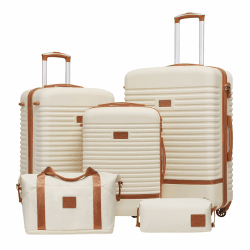 COOLIFE Koffer Trolley Koffer Reisekoffer von ABS Hartschalen Trolley 4 Rollen TSA-Schloss Der Koffer Enthält 1 Reisetasche und 1 Kulturbeutel (Weiß/Braun, Koffer-Set 5tlg) Weiß/Braun Koffer-Set 5tlg